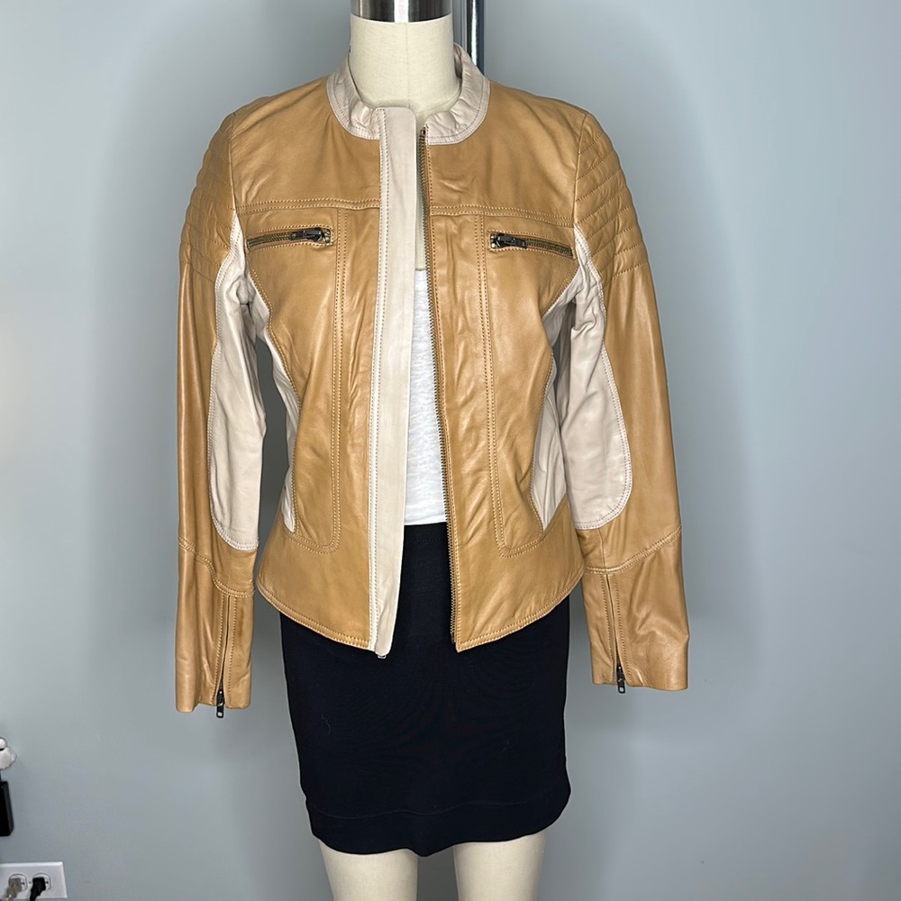 Leith Motocross Style Leather Jacket - Size Small. Tan with Cream Accents.
